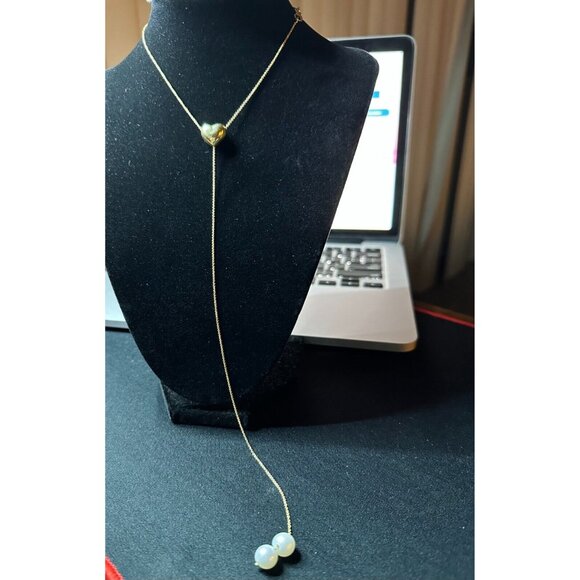 18K Gold Yellow Puffed Heart Diamond Dangle 8.5mm Pearls 16"Chain 5.46 Grams. - Picture 2 of 13